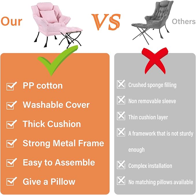 Large Lazy Chair with Ottoman, Accent Reading Chair with a Throw Pillow, Cozy Lounge Armchair, Leisure Sofa Chair for Living Room, Bedroom, Dorm, Peach Pink