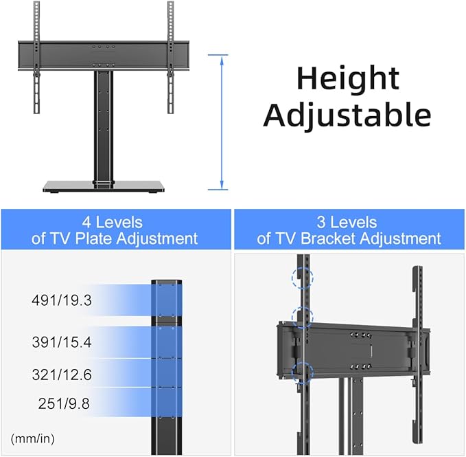 Suptek Reinforced Universal TV Stand for Large TVs in 37-75 inch, Upgraded Height Adjustment Table Top Tall TV Stand Mount, Heavy Duty TV Replacement Stand with Tempered Glass Base Up to 99lbs, TS203