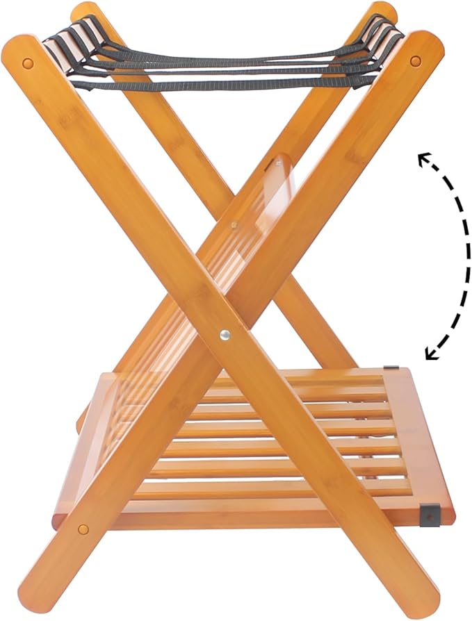 Fully Assembled Bamboo Luggage Racks, Foldable Suitcase Stand with 5 Nylon Straps, Luggage Stand with Shoe Shelf Ideal for Guest Room, Bedroom, Hotel, Honey Oak