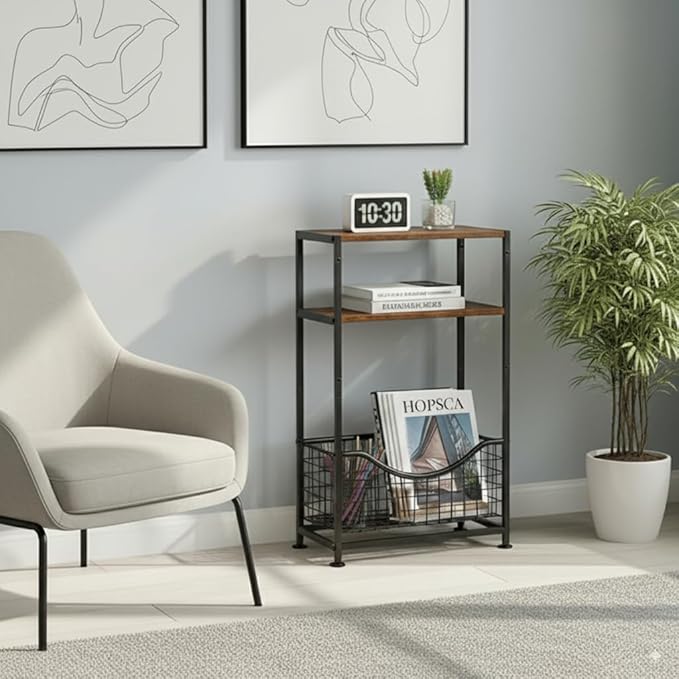 Narrow Side Table, Skinny Small End Tables with Magazine Holder, 3 Tier Small Sofa Side Table for Smalls Spaces, Sofa Couch Tables Bedside Table for Living Room Bedroom Office
