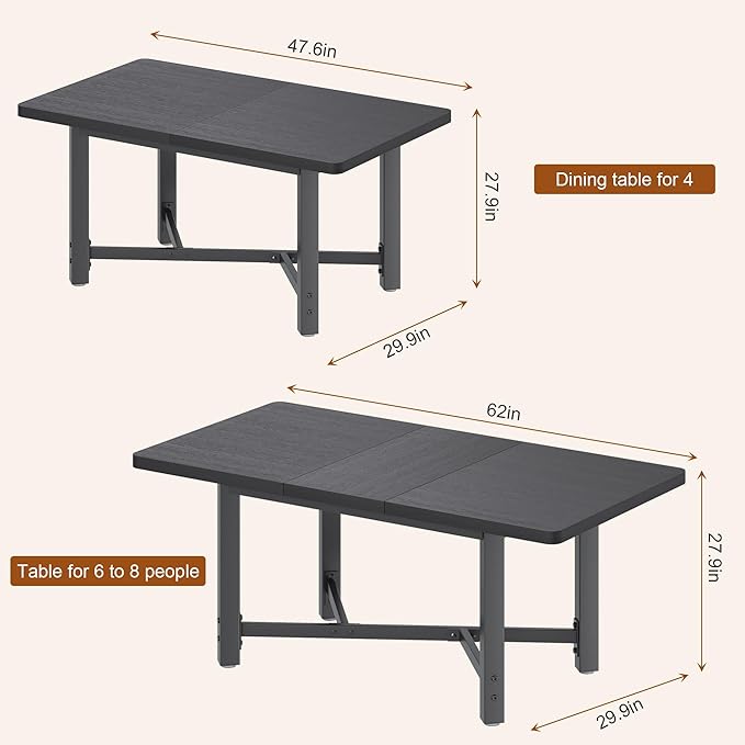 Dining Table for 4-6,62“Extendable Round Kitchen Dining Room Table, Space Saving Rectangle Large Expandable Wood Dinner Furniture for Small Space（47-62In*28In*30In） (Grey)