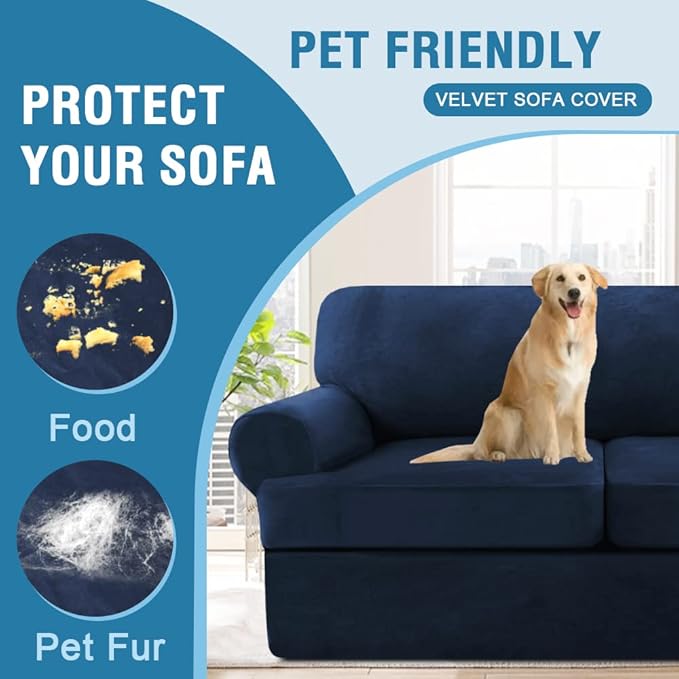 H.VERSAILTEX Sofa Cover 3 Piece T Cushion Loveseat Slipcovers Thick Velvet Couch Cover Furniture Protector Stretch T Cushion Sofa Covers for 2 Cushion Couch with 2 Individual T Cushion Covers, Navy