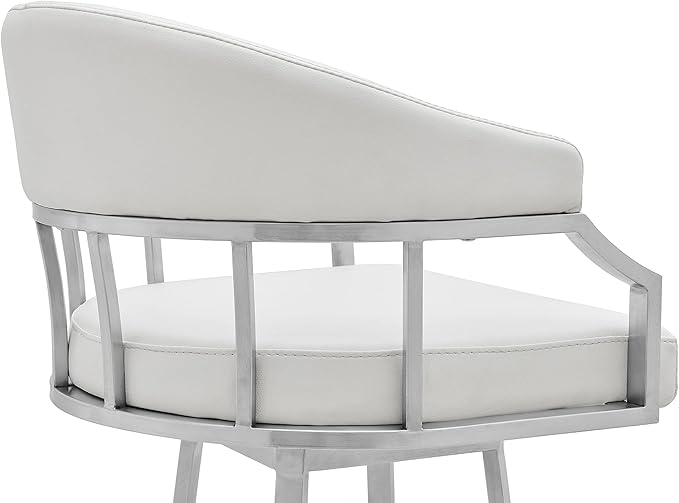 Armen Living Valerie Modern 26" Seat Height White Faux Leather and Brushed Stainless Steel Metal Swivel Bar Stool for Kitchen Island Counter