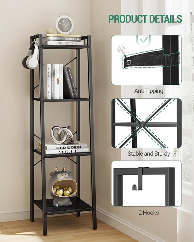 Ladder Shelf, Bookshelf Bookcase, Freestanding Corner Storage Shelve with 2 Hooks for Home Office, Living Room, Kitchen, Bedroom, Industrial, 4-Tier Black BC13204B