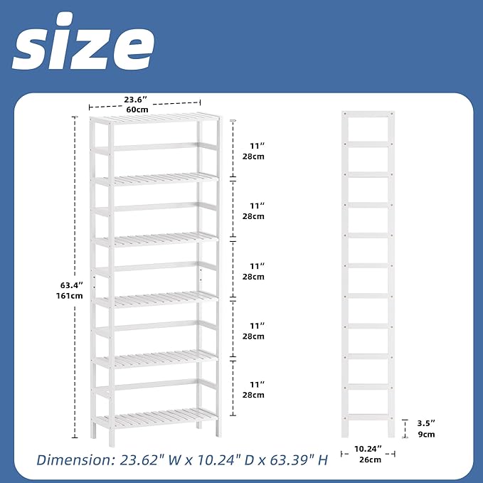 HITNET Bookshelf, 6-Tier Tall Bookcase Freestanding Bamboo Book Shelf Bathroom Storage Organizer with Adjustable Shelves, White
