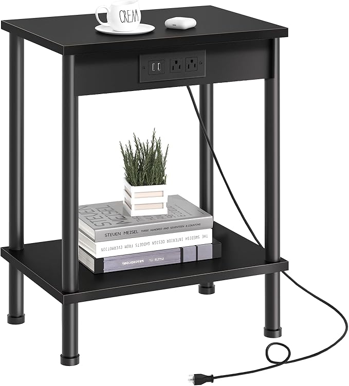 End Table with Charging Station,Small Side Table,2-Tier Nightstand with Storage Shelf,Sofa Bedside Table for Small Spaces in Living Room,Bedroom,Office,Easy Assembly,Black