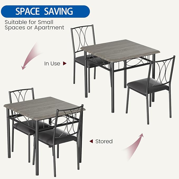 GarveeHome Small Dining Table Set for 2, Square Table and Chairs Set of 2, 3 Piece Kitchen Table Set of 2 with Upholstered Chairs, Dinner Table Set for 2 for Small Spaces, Apartment, Rustic Gray
