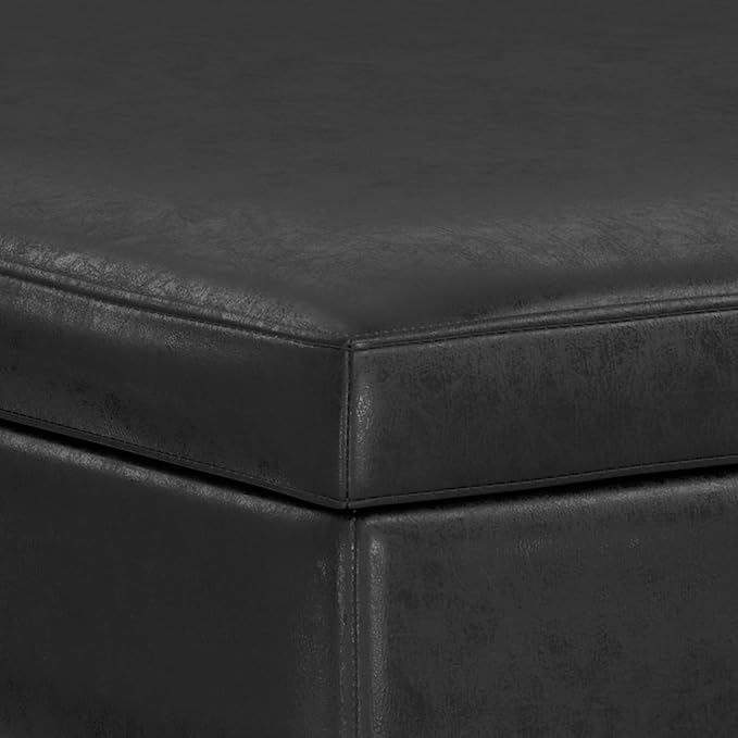 SIMPLIHOME Owen 40 inch Wide Mid Century Modern Square XL Coffee Table Storage Ottoman in Distressed Black Vegan Faux Leather, Assembled, for The Living Room, Entryway and Family Room