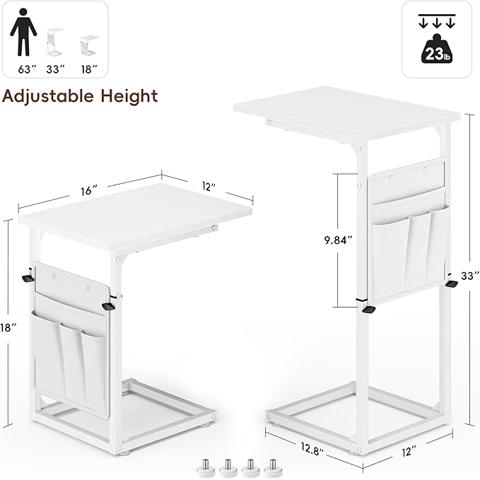 Vagusicc C Shaped End Table, 33" Tall Side Table for Couch, Adjustable Height Recliner Table Small Couch Side Tables, Sofa Tables Slide Under Sofa TV Tray Arm C Table for Living Room, Bedroom, White