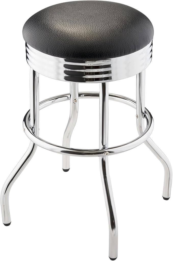 TRINITY Heavy Duty 25-Inch Backless Swivel Bar Stool for Kitchen, Garage, or Workshop, Chrome Finish with Faux Leather Seat, 1 Pack, Black