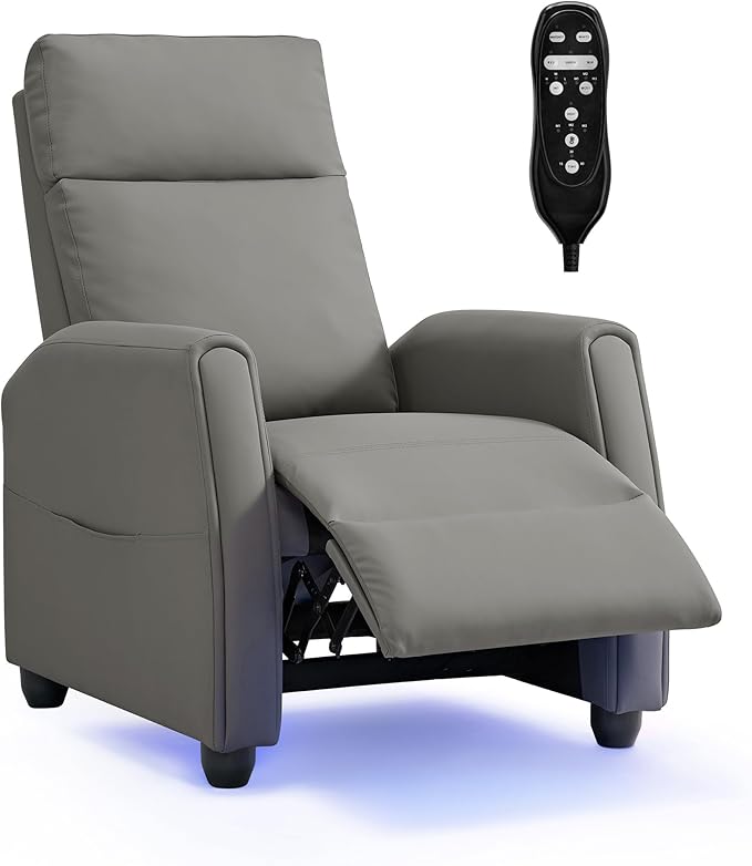 Recliner Chair for Adults PU Leather Push Back Armchair with 4 Colors Ambient Lighting Home Theater Seating with Massage & Heat Vibration Single Sofa for Living Room,Gray