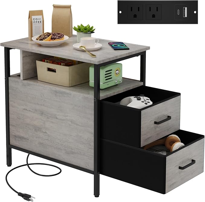 End Table with Charging Station, Narrow Side Table with 2 Fabric Drawer & Storage Shelf, USB Ports & Power Outlets, Narrow Nightstand for Bedroom Living Room Small Spaces, Greige