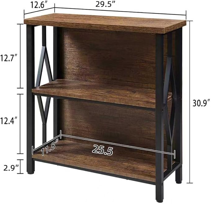 HOMISSUE Bookshelf, 3-Tier Rustic Small Bookshelf, Industrial Shelf Bookcase with Engineered Wood Shelves, Low Bookcase with Storage, Small Shelf for Living Room, Bedroom and Office, Rustic Brown