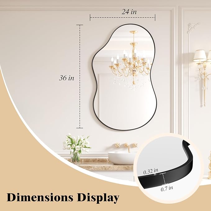 WEER Irregular Wall Mirror, 24x36 inch Black Asymmetrical Mirror Wall Mounted Mirrors Decorative, Abstract Wavy Aluminum Alloy Frame Mirror for Bathroom, Bedroom, Living Room, Entryway