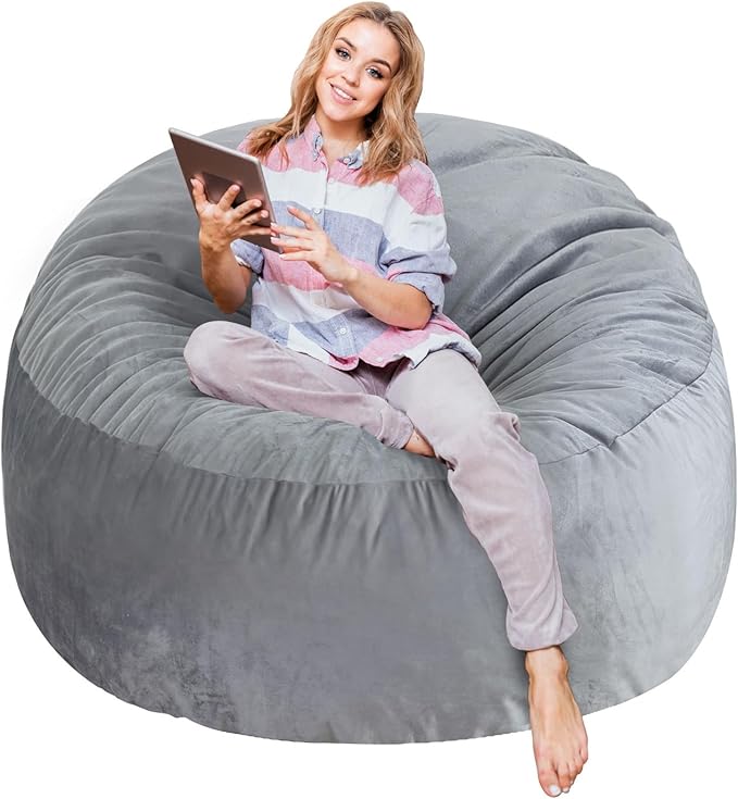 4 Ft Bean Bag Chairs for Adults/Teens with Memory Foam Filling, Comfy Bean Bag Sofa with Filler Included, Soft Dutch Velvet Fabric Beanbags,4 Foot, Grey
