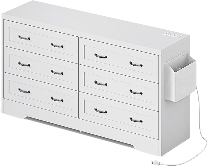 YITAHOME White Drawers TV Stand for 65 inches with Power Outlets -Chest of Drawers Dresser with Side Organizer Bag Entertainment Center TV Console, White