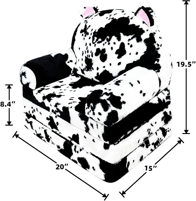Toddler Chair with Faux Rabbit Fur – 2-in-1 Foldable Kids Couch, Soft Sofa for Reading, Napping, Bedroom or Playroom Use, 18 Months+ （Cow & Cat）