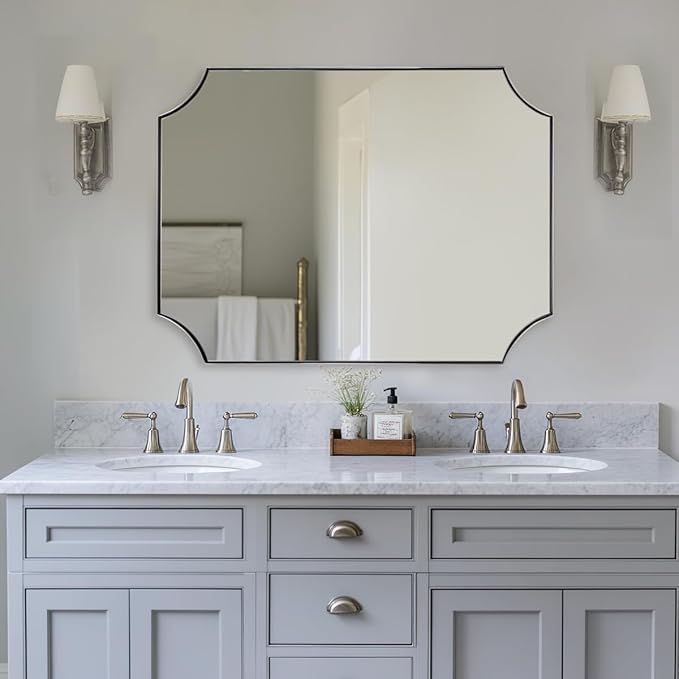 ANDY STAR Brushed Nickel Mirror 30x40 Inch, Scalloped Bathroom Mirror, Silver Bathroom Mirror in Anti-Rust Stainless Steel Metal Thin Frame Deep 1’’, Large Wall-Mounted Mirror (Horizontal/Vertical)