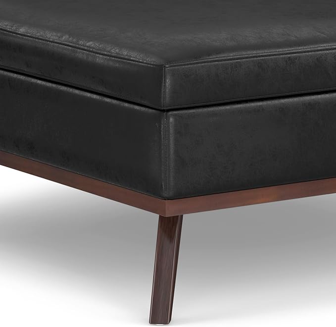 SIMPLIHOME Owen 40 inch Wide Mid Century Modern Square XL Coffee Table Storage Ottoman in Distressed Black Vegan Faux Leather, Assembled, for The Living Room, Entryway and Family Room