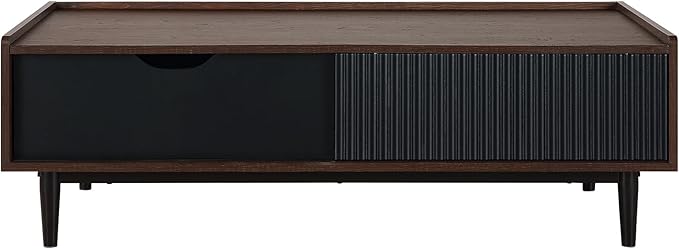 Manhattan Comfort Duane Mid Century Modern Coffee Table with Drawer & Cubby Shelf, Living Room Furniture with Ribbed Flat Design, Wood Grain Laminate Finish & Durable Iron Metal Feet, Black