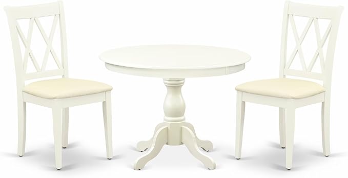 East West Furniture HBCL3-LWH-C 3 Piece Dining Table Set for Small Spaces Contains a Round Dining Room Table with Pedestal and 2 Linen Fabric Upholstered Chairs, 42x42 Inch, Linen White