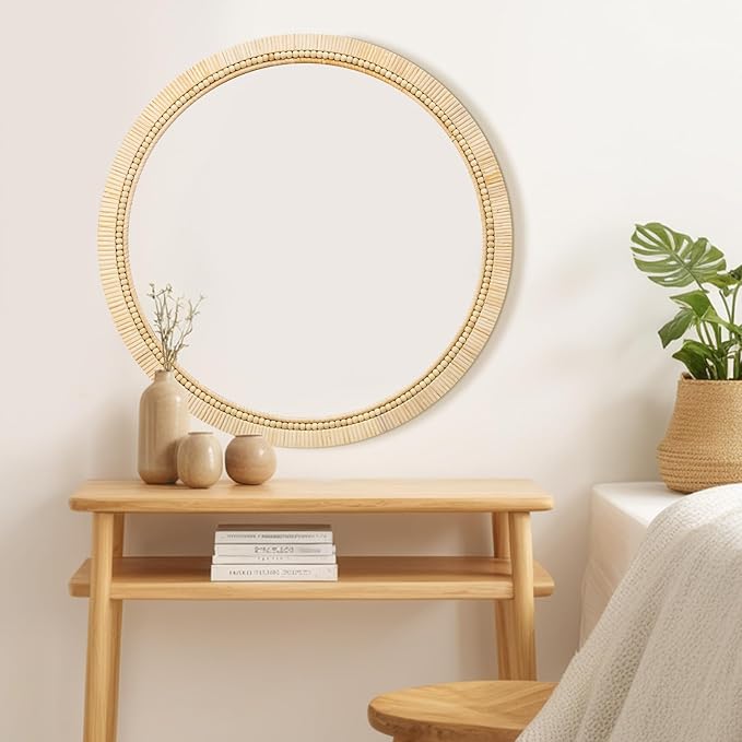 ULIKE Round Rattan Mirror, Bathroom 24 Inch Rustic Farmhouse Wall Decor with Handmade Wicker Frame, Boho Mirror for Nursery Bedroom Living Room Entryway