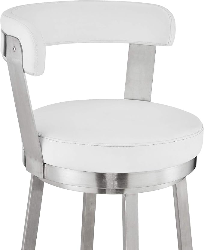 Armen Living Bryant Modern 30" Seat Height White Faux Leather and Brushed Stainless Steel Metal Swivel Bar Stool for Kitchen Island Counter