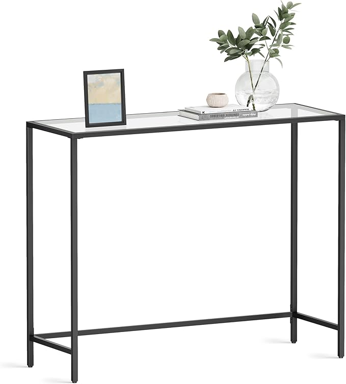 VASAGLE 39.4 Inches Console Table, Tempered Glass Sofa Table, Modern Entryway Table, Metal Frame, Easy to Assemble, Adjustable Feet, for Living Room, Hallway, Black ULGT026B01