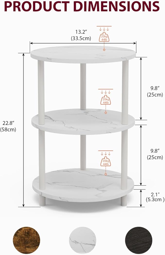 Small Round End Table - 3 Tier Design Accent Table, Narrow Side or Bedside Stand, Industrial Vintage Nightstand for Bedroom, Living Room, or Small Spaces, Set of 2, Marble White