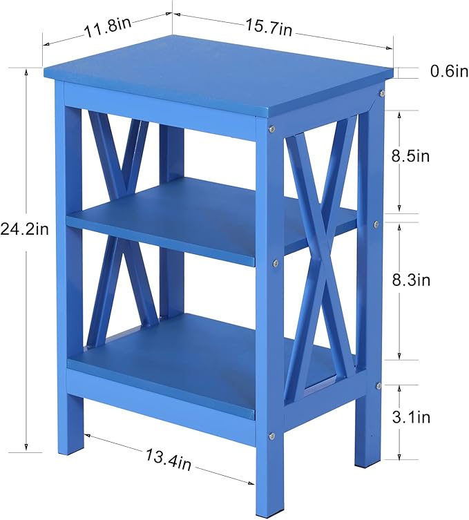VECELO End Table, Bedside Table, 24" Tall Living Room End Tables, X-Design Reinforced Nightstands, Side Table with 3-Tier Storage Shelves for Small Spaces, Office, Bathroom, Bedroom, Dark Blue
