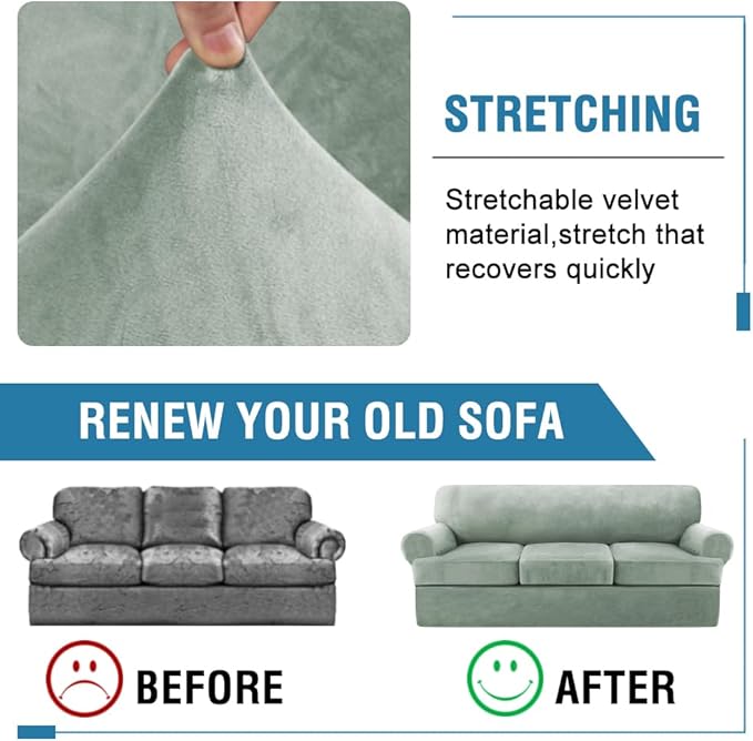 H.VERSAILTEX Sofa Cover 4 Piece T Cushion Sofa Slipcovers Thick Velvet Couch Cover Stretch T Cushion Sofa Covers for 3 Cushion Couch with 3 Individual T Cushion Covers Washable, Sea Grass