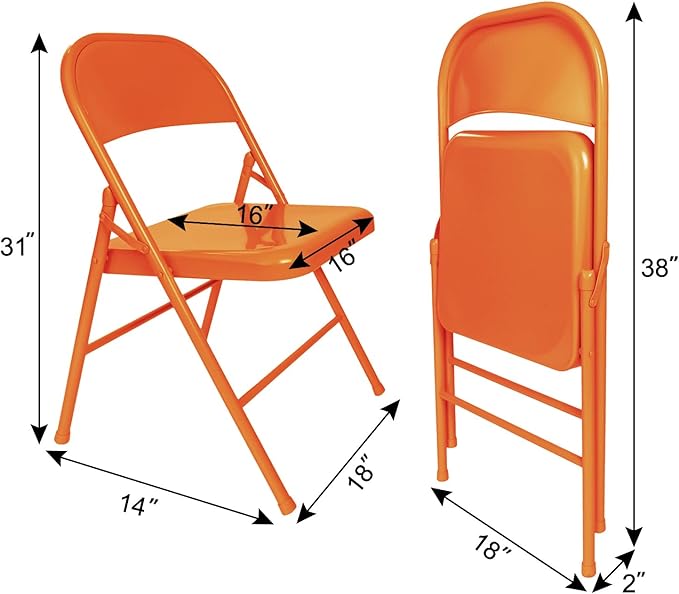 VECELO Metal Frame Steel Folding Mounted Chairs with Triple Braced & Double Hinged Back for Home Office,350-Pound Capacity,Orange, Pack of 4