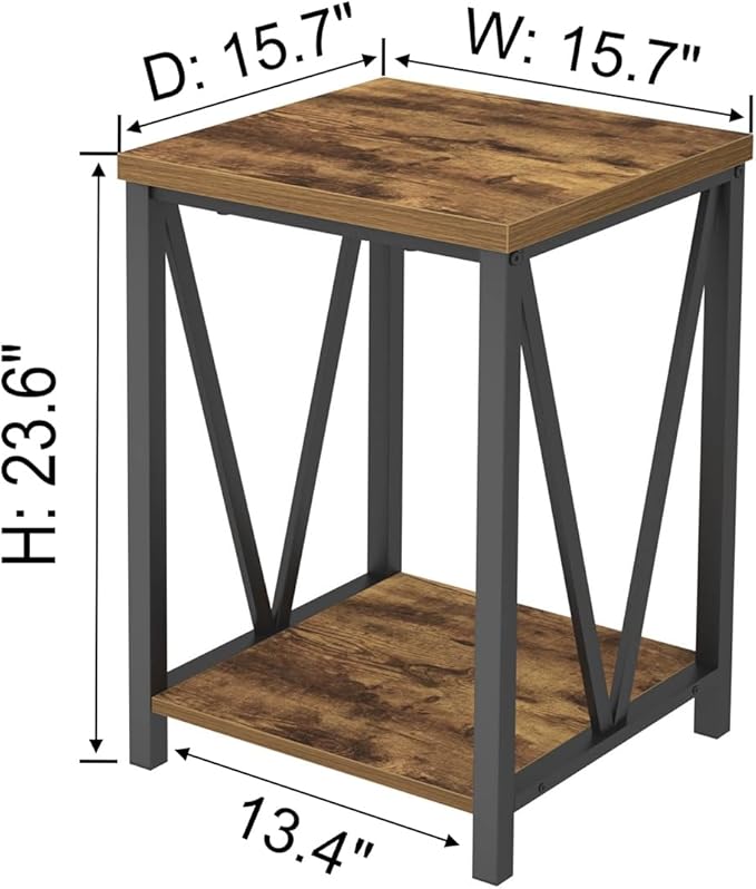 EXCEFUR End Table, Square Side Tables for Living Room, Industrial Metal and Wood Nightstand for Bedroom, Rustic Brown