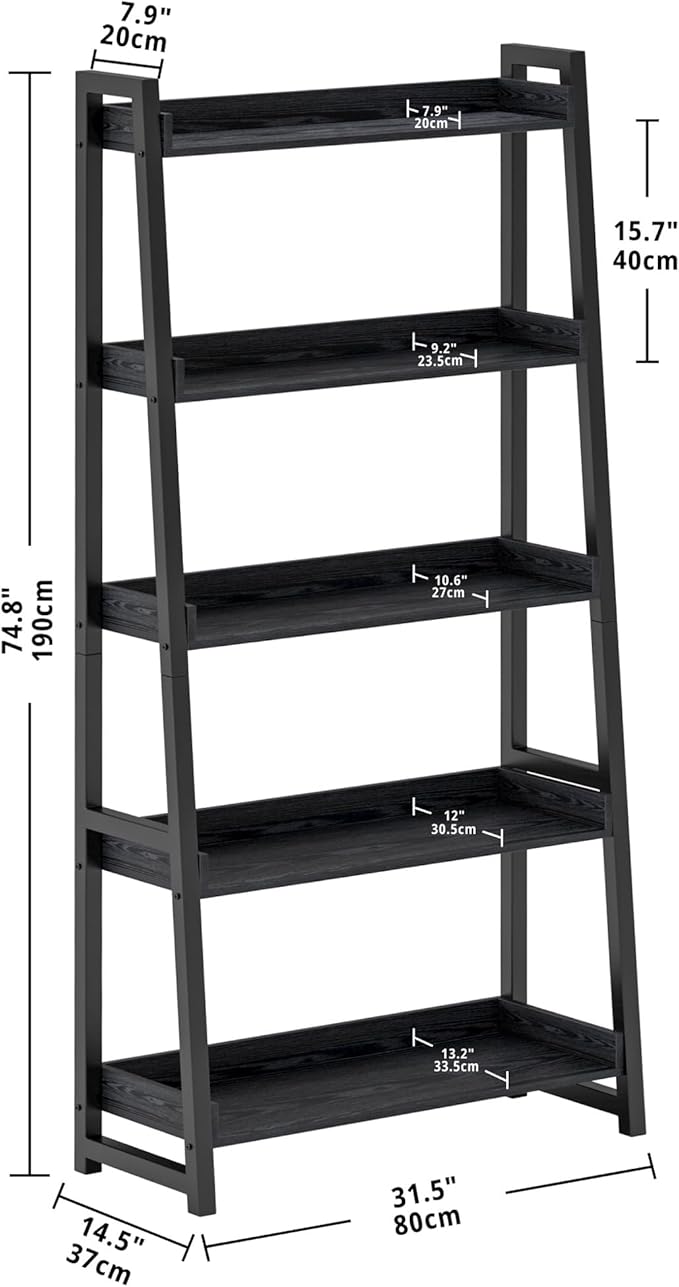 IRONCK Industrial Bookshelf 5-Tier 31.5 in Wide, Bookcase Ladder Shelf, Storage Shelves Rack Shelf Unit, Accent Furniture Metal Frame, Home Office Furniture for Bathroom, Living Room
