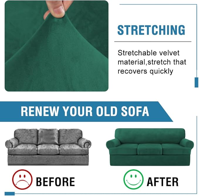 H.VERSAILTEX Sofa Cover 4 Piece T Cushion Sofa Slipcovers Thick Velvet Couch Cover Stretch T Cushion Sofa Covers for 3 Cushion Couch with 3 Individual T Cushion Covers, Vintage Green