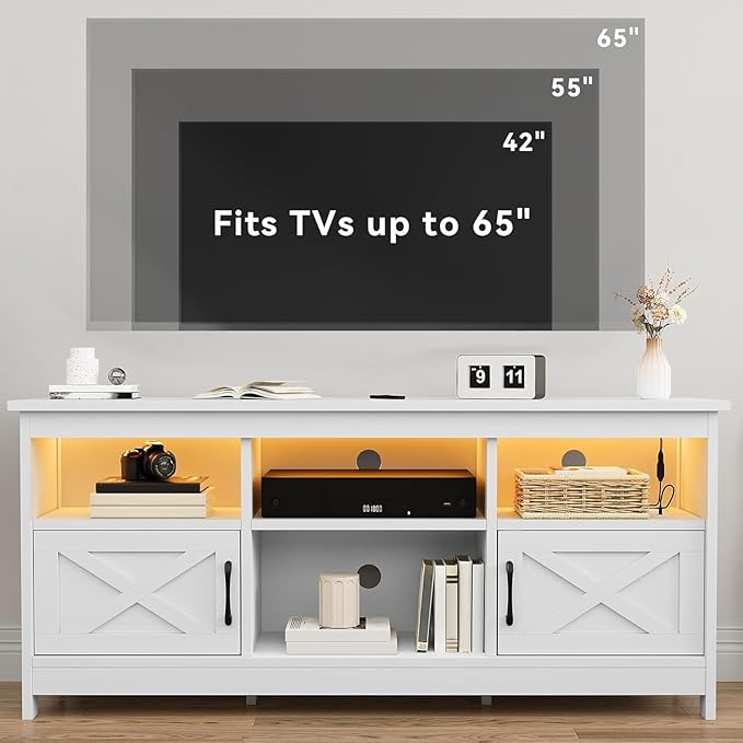 DWVO White TV Stand for 65 Inch TV, Entertainment Center, TV Cabinet with Power Outlet & LED Light Strip, Media Console Television Stands, Living Room Furniture 59 Inch