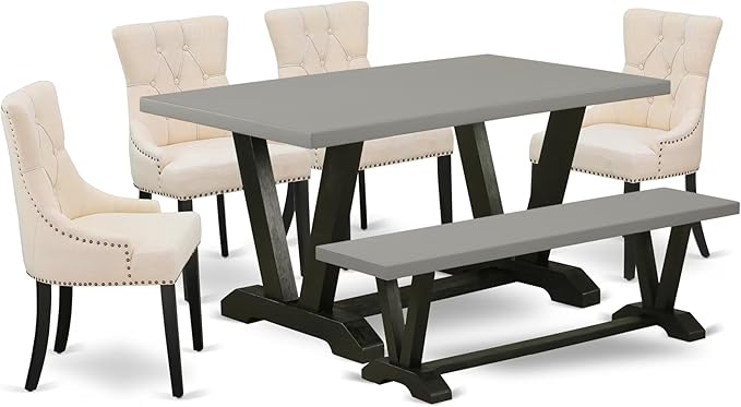 East West Furniture V696FR102-6 6 Piece Dining Set Contains a Rectangle Dining Room Table with V-Legs and 4 Light Beige Linen Fabric Upholstered Chairs with a Bench, 36x60 Inch, Multi-Color