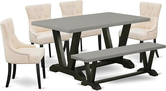 East West Furniture V696FR102-6 6 Piece Dining Set Contains a Rectangle Dining Room Table with V-Legs and 4 Light Beige Linen Fabric Upholstered Chairs with a Bench, 36x60 Inch, Multi-Color
