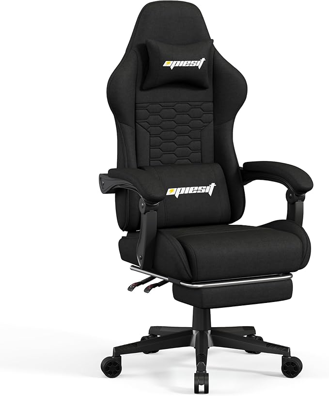 Gaming Chair, Computer Chairs for Adults with Lumbar Support and Massager, Comfortable Gamer Chair with Footrest & Pocket Spring Cushion, Ergonomic Home Office Chair, Black, Fabric