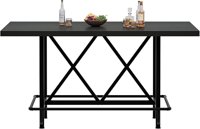 Tribesigns Bar Table, Industrial Counter Height Pub Table with Metal Footrest, 63-Inch Rectangle Wood Kitchen Dining Table with Sturdy Metal Frame for Dining Room, Home Bar (Black)