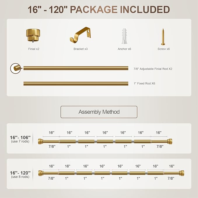 Modern Gold Curtain Rods for Windows 66 to 120 Inches Adjustable Length Heavy Duty 1" Diameter Brass Window Curtain Rod with Solid Metal Finials for Outdoor Farmhouse Bedroom Kitchen Living Room