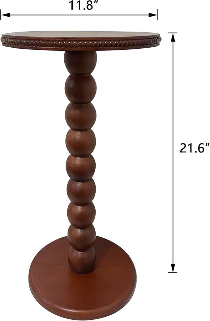 JUIOETURBoho Beaded Round Side Table - Handcrafted Small Accent Table for Small Spaces w/Solid Wood Leg - Drink Table for Living Room, Bedroom, Dorm, Office & Tight Corners (Brown)
