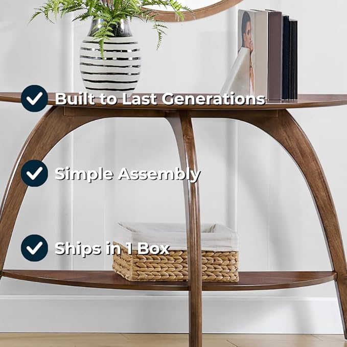 Martin Svensson Home LAX Walnut Brown 48-Inch Half-Moon Wood Sofa Console Table with Shelf Storage