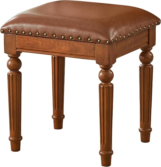 Vanity Bench Stool with Microfiber Leather Cushion, Vanity Chair Ottoman Dressing Stool with Solid Wood Legs for Bedroom, Makeup Room, Dressing Room (Flat Brown)