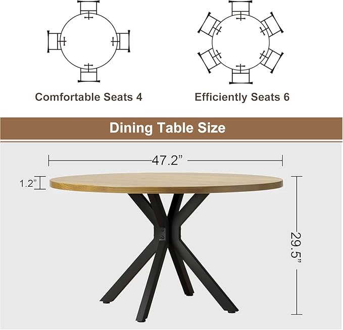 47 Inch Round Dining Table for 4, Modern Round Dinner Table Small Mid Century Dining Room Tables, Leisure Kitchen Tables for Small Space, Kitchen, Living Room, Steel Legs, Black & Natural