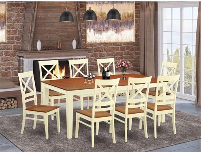 East West Furniture QUIN9-WHI-W 9 Piece Dining Table Set Includes a Rectangle Dinner Table with Butterfly Leaf and 8 Dining Room Chairs, 40x78 Inch, Buttermilk & Cherry