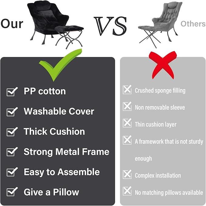 Lazy Chair with Ottoman, Reading Chair with a Pillow, Leisure Sofa Armchair with Ottoman, Large Accent Lounge Chair for Bedroom, Living Room, Dorm Room, Plush Black