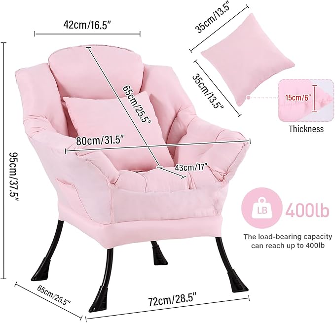 Lazy Chair with Pillow for Living Room, Modern Lounge Accent Chair with Armrests and a Throw Pillow, Leisure Sofa Chair Set, Reading Chair for Bedroom, Dorm Room, Office, Pink