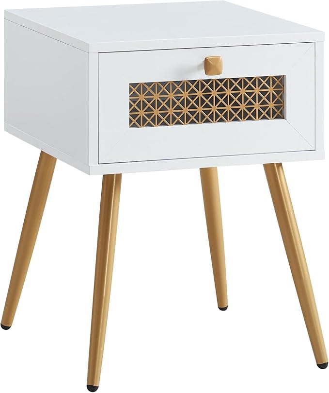 Modern Style Side Table, End Table with Drawer for Living Room, Square Wooden Small Nightstand, White