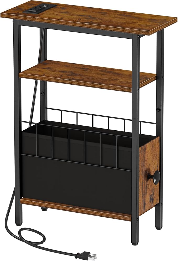 Snughome Narrow Side Table with Charging Station, Slim End Table for Small Spaces, 3 Tier Skinny Nightstand with Drawer, Sofa Beside Table with Storage Shelf for Living Room Bedroom
